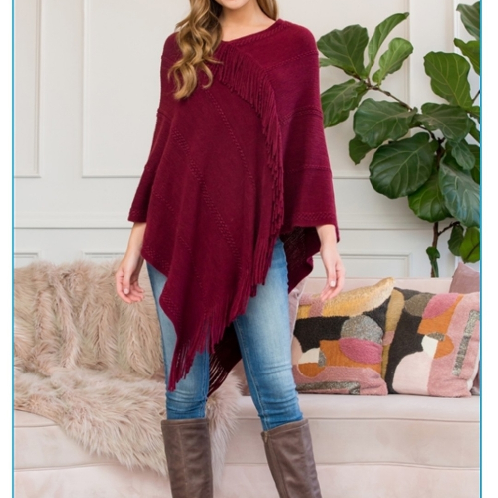 NWT Asymmetrical Burgundy Poncho with Fringe